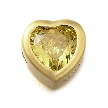 925 Sterling Silver Cubic Zirconia Beads, Heart, with 925 Stamp, Golden, Yellow, 6.5x6.5x4.5mm, Hole: 1.5mm