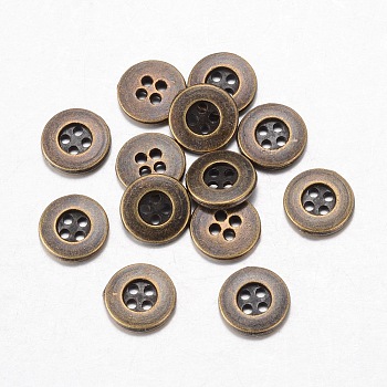 Alloy Buttons, 4-Hole, Flat Round, Tibetan Style, Antique Bronze, 15x2mm, Hole: 1mm