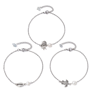 3Pcs 3 Style Turtle & Shell & Starfish Alloy Link Anklets Set with 304 Stainless Steel Cable Chains, Natural Aquamarine Chips Stackable Anklets, Antique Silver, 8-5/8~8-7/8 inch(21.8~22.4cm), 1Pc/style