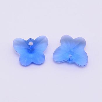 Transparent Glass Pendants, Faceted, Butterfly Charms, Blue, 12x15x8mm, Hole: 1.5mm