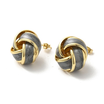 Real 18K Gold Plated Brass Enamel Stud Earrings for Women, Knot, Gray, 21x20.5mm