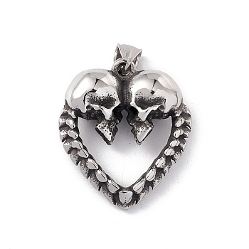304 Stainless Steel Manual Polishing Pendants, Heart with Skull, Antique Silver, 36.5x32x12mm, Hole: 4x8.5mm