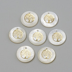 Freshwater Shell Pendants, Flat Round & Tree, Golden, 16x3.5~4mm, Hole: 1.2mm(X-SHEL-Q010-011G)