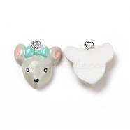 Opaque Resin Pendants, with Platinum Tone Iron Loops, Animals Charm, Light Grey, Mouse Pattern, 20x19x5.5mm, Hole: 2mm(RESI-J023-15F)