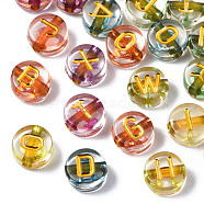 Transparent Electroplate Acrylic Beads, Flat Round with Mixed Letter, Mixed Color, 7x4mm, Hole: 1.5mm, about 3600~3700pcs/500g(TACR-S273-07)
