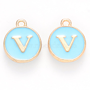 Golden Plated Alloy Enamel Charms, Cadmium Free & Lead Free, Enamelled Sequins, Flat Round, Sky Blue, Letter.V, 14x12x2mm, Hole: 1.5mm(ENAM-S118-04V)