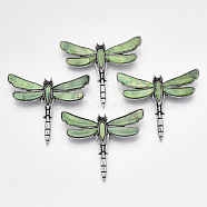 Freshwater Shell Brooches/Pendants, with Alloy Findings and Resin Bottom, Rhinestone, Dyed, Dragonfly, Antique Silver, Dark Sea Green, 53x62x10mm, Hole: 5x4mm, Pin: 0.7mm(SHEL-S275-39C)