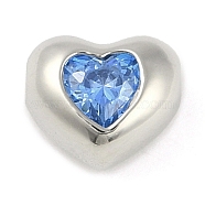 Brass Micro Pave Cubic Zirconia Beads, Heart, Deep Sky Blue, 7x8x5mm, Hole: 1.2mm(KK-L219-21P-02)