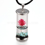 Glass Wishing Bottle Leather Cord Pendant Necklaces, with Dried Flower & Natural Gemstone Chip Beads Inside, Platinum, Red, 17-3/8 inch(44.05cm)(NJEW-Z009-A08)