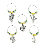 Tibetan Style Alloy Cactus Wine Glass Charms, with Glass Beads and Brass Wine Glass Charm Rings, Antique Silver, 50.5~57mm(AJEW-JO00236-01)