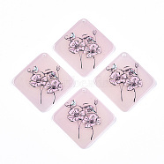 Acrylic Pendants, 3D Printed, Rhombus with Flower Pattern, Pink, 42x42x3mm, Hole: 1.8mm, Side Length: 32mm(KY-S163-159)