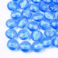 Handmade Silver Foil Lampwork Glass Beads, Flat Round, Deep Sky Blue, 12~13.5x11.5~13.5x7.5~8.5mm, Hole: 1~2mm(SLF12MMY-1K)