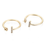 Brass Micro Clear Cubic Zirconia Cuff Finger Rings Setting, for Half Drilled Bead, Nickel Free, Real 18K Gold Plated, US Size 8(18.1mm), Pin: 0.8mm(for half drilled beads)(X-KK-T056-52G-NF)