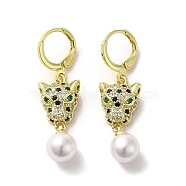 Leopard Head Real 18K Gold Plated Brass Micro Pave Cubic Zirconia Dangle Leverback Earrings, ABS Imitation Pearl Drop Earrings, Black, 38~39.5x11.5mm(EJEW-Q797-14A)