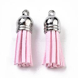 Faux Suede Tassel Pendant Decorations, with CCB Plastic Cord Ends, Platinum, Pink, 35~37x10mm, Hole: 1.8mm(FIND-T002-A14)