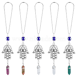 1 Set Hamsa Hand & Evil Eye Hanging Ornament with Bullet Gemstone Charm, for Protection Home & Car Rear View Mirror Hanging Accessories, 220mm, 5pcs/set(PALLOY-FH0007-43B)