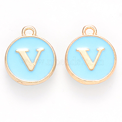 Golden Plated Alloy Enamel Charms, Cadmium Free & Lead Free, Enamelled Sequins, Flat Round, Sky Blue, Letter.V, 14x12x2mm, Hole: 1.5mm(ENAM-S118-04V)