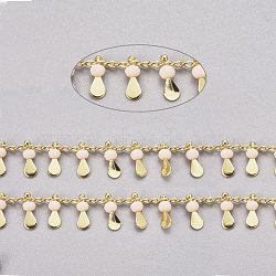 3.28 Feet Handmade Glass Beaded Chains, with Real 18K Gold Plated Brass Side Twisted Chains Curb Chains, Long-Lasting Plated, Soldered, PeachPuff, 2.5x2x1mm, teardrop,: 10x3x3mm(X-CHC-E020-01P)