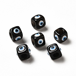 Resin Evil Eye European Beads, Large Hole Bead, Cube, Black, 12.5x14~14.5x14~14.5mm, Hole: 6mm(RESI-A021-04)