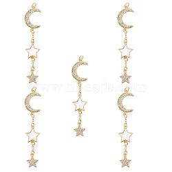 5Pcs Rack Plating Brass Micro Pave Clear Cubic Zirconia Big Pendants, with Jump Rings and Enamel, Long-Lasting Plated, Cadmium Free & Lead Free, Moon & Star, Real 18K Gold Plated, 65x13.5x3mm, Hole: 3.2mm(ZIRC-SZ0004-23)