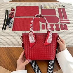 DIY Rhombus Textured Tote Bags Set, Including PU Leather Bag Materials, Red, 240x170x100mm(PW-WGF59AC-01)