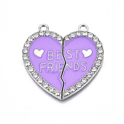 Alloy Enamel Split Pendant, with Rhinestone, Cadmium Free & Nickel Free & Lead Free, Platinum, Broken Heart with Word Best Friend, Medium Orchid, 31x30.5x2mm, Hole: 2mm(ENAM-S130-25C)