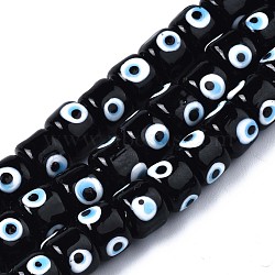 Handmade Evil Eye Lampwork Beads Strands, Column, Black, 8.5x6~7mm, Hole: 2mm, about 53~56pcs/strand, 13.78 inch~14.17 inch(35cm~36cm)(LAMP-WH0006-05A)