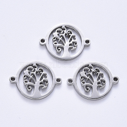 Tarnish Resistant 201 Stainless Steel Links Connectors, Laser Cut, Flat Round with Tree, Stainless Steel Color, 14.5x19.5x1.5mm, Hole: 1.2mm(STAS-S114-19)