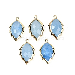 Dyed Natural Jade Faceted Leaf Pendants, Rack Plating Brass Charms, Golden, Sky Blue, 23x13.5x5.5mm, Hole: 1.2mm(G-I375-04G-17)