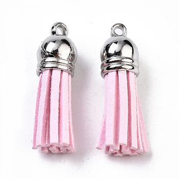 Faux Suede Tassel Pendant Decorations, with CCB Plastic Cord Ends, Platinum, Pink, 35~37x10mm, Hole: 1.8mm