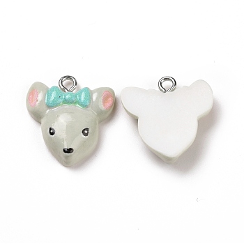 Opaque Resin Pendants, with Platinum Tone Iron Loops, Animals Charm, Light Grey, Mouse Pattern, 20x19x5.5mm, Hole: 2mm