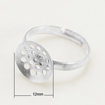 Brass Ring Components, Sieve Ring Bases, Adjustable, Silver Color Plated, 17mm, Tray: 12mm