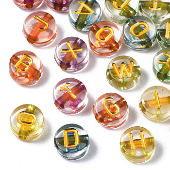 Transparent Electroplate Acrylic Beads, Flat Round with Mixed Letter, Mixed Color, 7x4mm, Hole: 1.5mm, about 3600~3700pcs/500g
