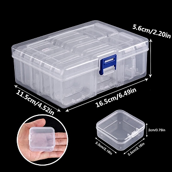 Plastic Craft Organizer Case Sets, 14 Grids Bead Containers, Rectangle, Clear, 16.5x11.5x5.6cm, Column Box: 2.5x4.8cm