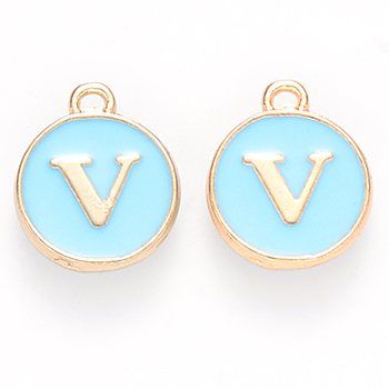 Golden Plated Alloy Enamel Charms, Cadmium Free & Lead Free, Enamelled Sequins, Flat Round, Sky Blue, Letter.V, 14x12x2mm, Hole: 1.5mm