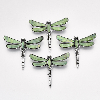 Freshwater Shell Brooches/Pendants, with Alloy Findings and Resin Bottom, Rhinestone, Dyed, Dragonfly, Antique Silver, Dark Sea Green, 53x62x10mm, Hole: 5x4mm, Pin: 0.7mm