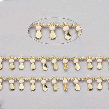 3.28 Feet Handmade Glass Beaded Chains, with Real 18K Gold Plated Brass Side Twisted Chains Curb Chains, Long-Lasting Plated, Soldered, PeachPuff, 2.5x2x1mm, teardrop,: 10x3x3mm
