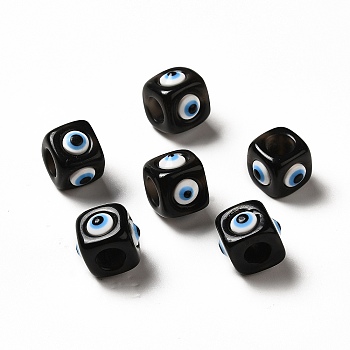 Resin Evil Eye European Beads, Large Hole Bead, Cube, Black, 12.5x14~14.5x14~14.5mm, Hole: 6mm