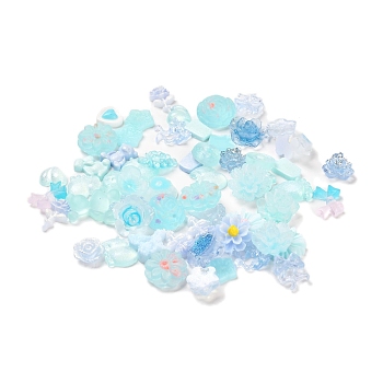 Luminous Resin Decoden Cabochons, Glow in the Dark Flower Mixed Shapes, Cyan, 6~15x7~12x2~6.5mm, about 3000pcs/set