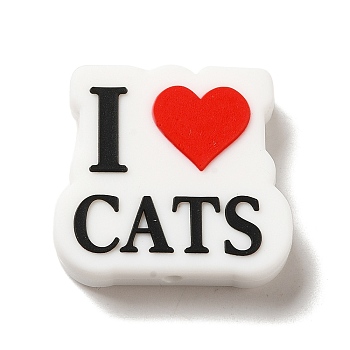 Cat Themed with Words I Love Cats Silicone Focal Beads, DIY Nursing Necklaces Making, Red, 28.5x30x8mm, Hole: 2mm