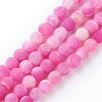 Natural Fire Crackle Agate Bead Strands, Frosted, Dyed, Round, Hot Pink, 8x7mm, Hole: 1.5mm, about 48pcs/strand, 13.58 inch(34.5cm)