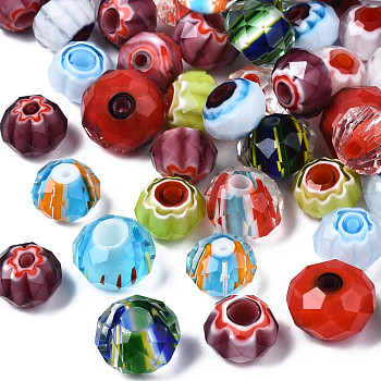 Handmade Millefiori Lampwork Beads, Faceted, Rondelle, Mixed Color, 9.5~12x6.5~8mm, Hole: 1~5mm, about 100pcs/bag