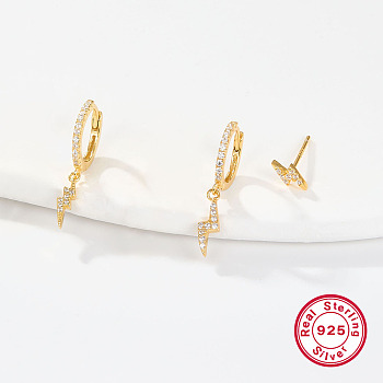 3 Pair 3 Style Cubic Zirconia Lighting Dangle Hoop Earrings & Stud Earrings, 925 Sterling Silver Jewelry, Real 18K Gold Plated, 23mm, 7x4mm, 1 Pairs/style