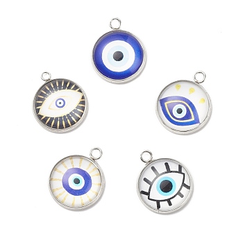 Luminous Glass Pendants, with 304 Stainless Steel Findings, Flat Round with Evil Eye Pattern, Stainless Steel Color, 18.5x15.5x5mm, Hole: 1.6mm