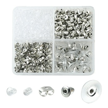 430Pcs 5 Style Iron & Plastic Ear Nuts, Friction Ear Nuts & Clutch Earring Backs & Bullet Ear Nuts, Platinum, 3~11x3~6.5mm, Hole: 0.5~1mm