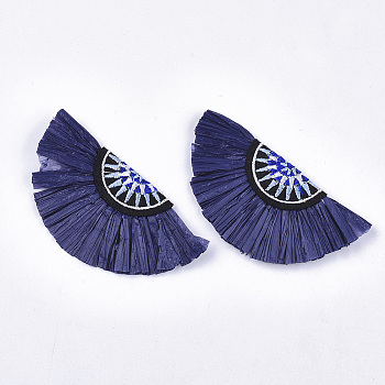 Bohemia Style Raffia Decoration Accessories, with Non-Woven Fabric, Fan Shaped, Dark Blue, 77~91x40~42.5x3.5~5mm