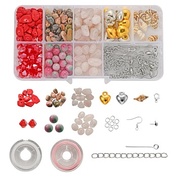 DIY Jewelry Making Kits, Including Gemstone Beads, CCB Plastic Pendants, Natural Cowrie Shell Beads, Electroplate Glass Beads Strands, Alloy Clasps and Elastic Thread, Iron Eye Pin & Stud Earring Findings, Brass Open Jump Rings, 304 Stainless Steel Chain Extenders, Mixed Color, Pendants: 10pcs/set