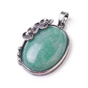 Natural Green Aventurine Pendants, with Brass Findings, Oval with Flower, Antique Silver, 35x26.5x9mm, Hole: 7x5mm