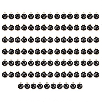 Alloy Enamel Pendants, Flat Round with Constellation, Light Gold, Black, Cancer, 15x12x2mm, Hole: 1.5mm, 100pcs/Box