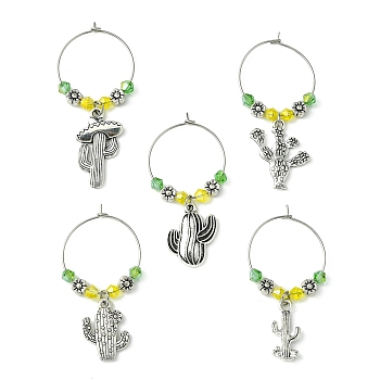 Tibetan Style Alloy Cactus Wine Glass Charms, with Glass Beads and Brass Wine Glass Charm Rings, Antique Silver, 50.5~57mm